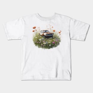 A rusty old Car in a field of flowers Kids T-Shirt